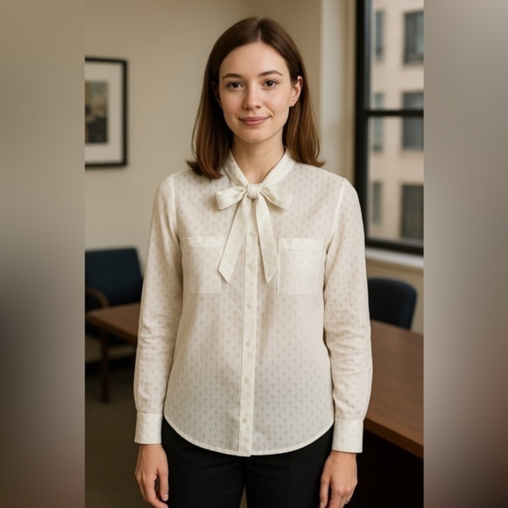 Madewell White Neck Tie Button Front Sheer Blouse Top Business EUC Small #781